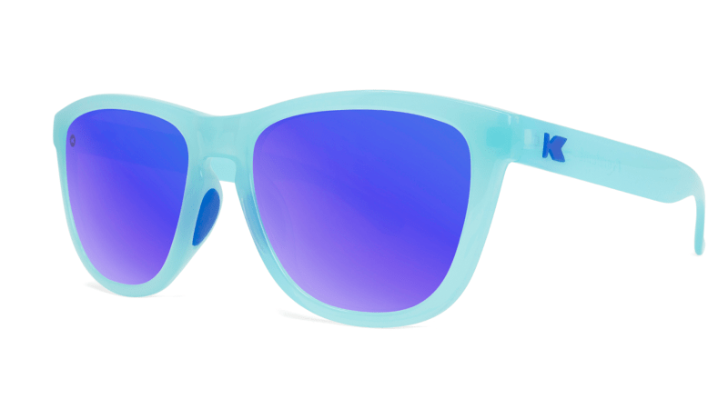 Sunglasses with Icy Blue Frames and Polarized Blue Lenses, Threequarter