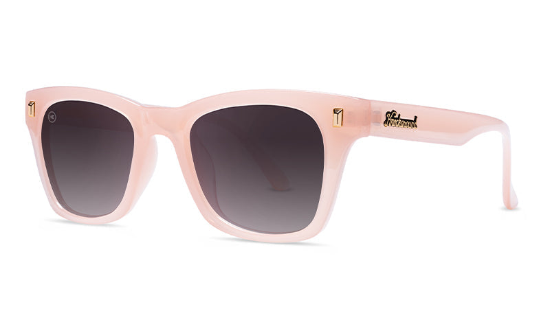 Sunglasses with Glossy Pink Frames and Polarized Smoke Gradient Lenses, Threequarter