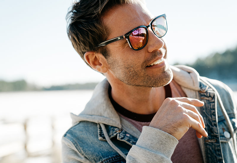 Sunglasses with Black Frame and Polarized Fuchsia Lenses, Model