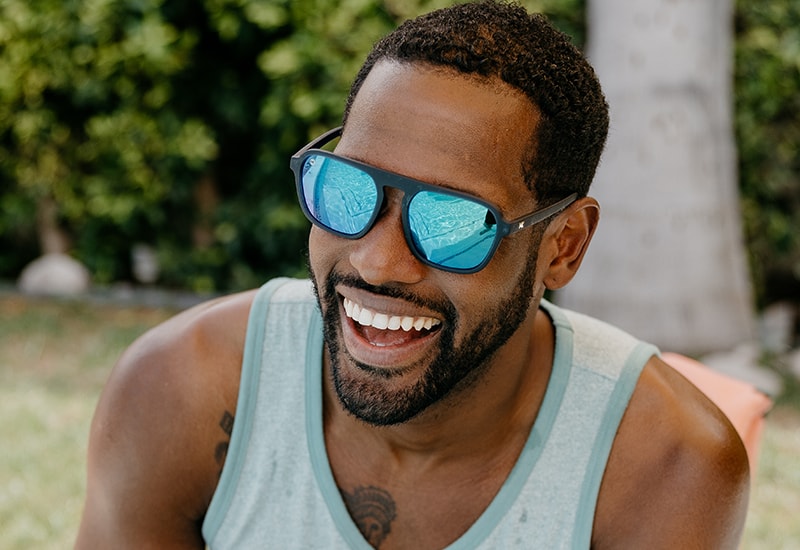 Sunglasses with Blue Frames and Polarized Green Lenses, Model