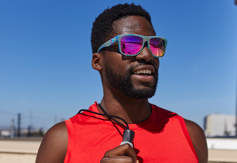 Sunglasses with Blue Frames and Polarized Pink Sunset Lenses, Model