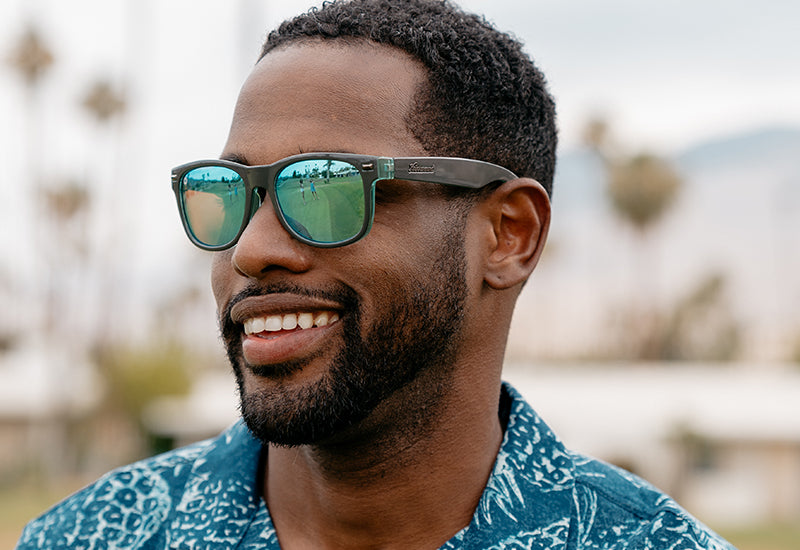 Sunglasses with Grey Frames and Polarized Aqua Lenses, Model