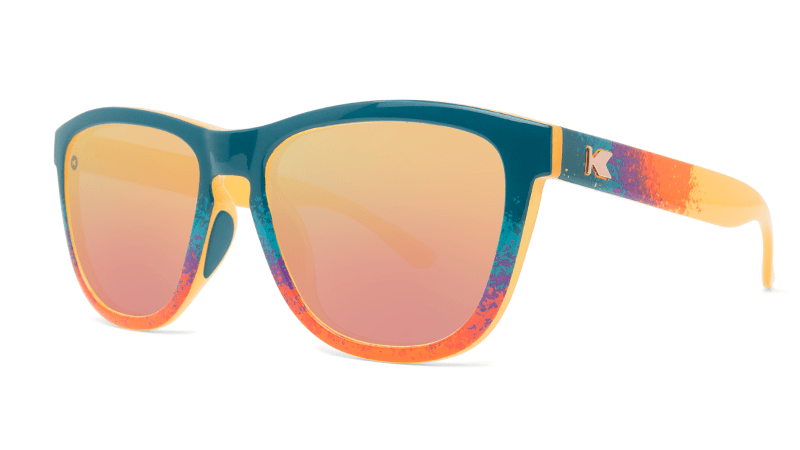 Sunglasses with Speckled Sunset Frames and Polarized Rose Gold Lenses. Threequarter