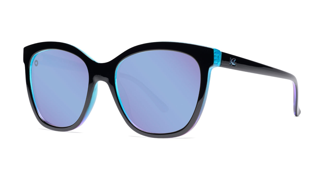 Sunglasses with Glossy Black Exterior and Ice Blue to Lavender Interior and Polarized Snow Opal Lenses. Threequarter