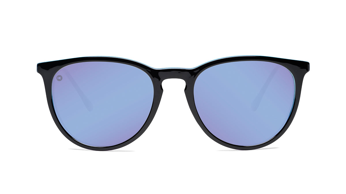 Sunglasses with Glossy Black Exterior and Ice Blue to Lavender Interior and Polarized Snow Opal Lenses. Front