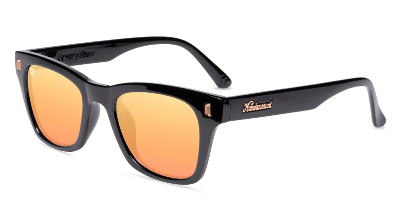 Sunglasses with Clear Black Frames and Polarized Peach Lenses, Flyover