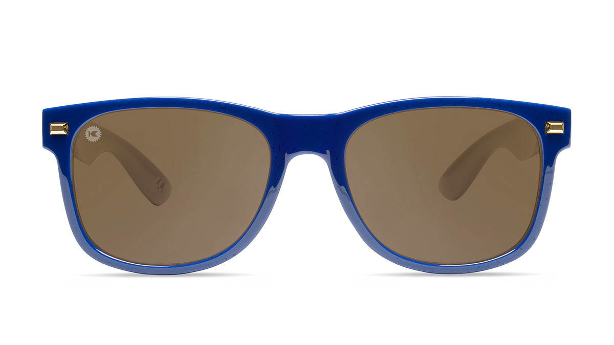 Sunglasses with Glossy Blue Frames and Polarized Amber Lenses, Front