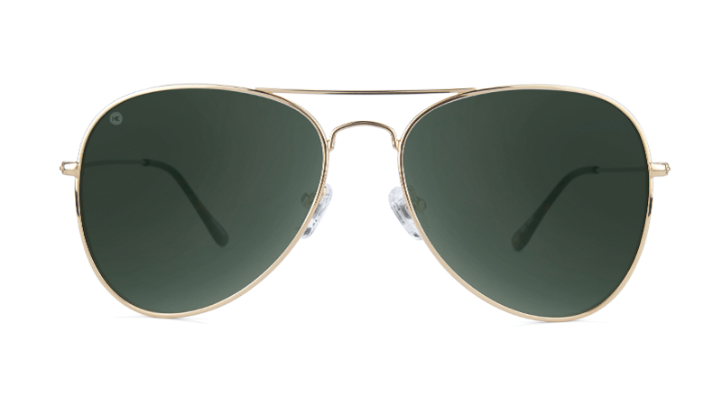 Sunglasses with Gold Metal Frame and Polarized Aviator Green Lenses, Front