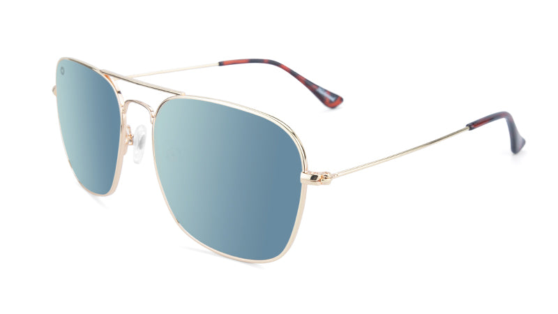 Sunglasses with Gold Metal Frame and Polarized Sky Blue Lenses, Flyover