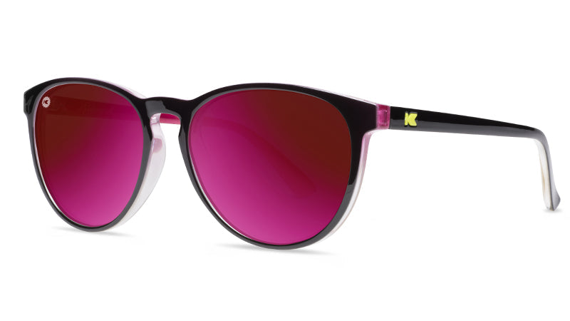 Sunglasses with Black Frame and Polarized Fuchsia Lenses, Threequarter