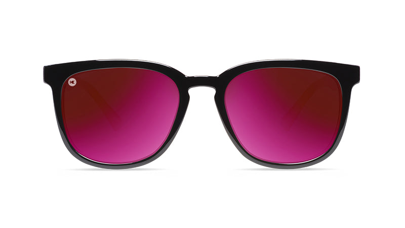 Sunglasses with Black Frame and Polarized Fuchsia Lenses, Front