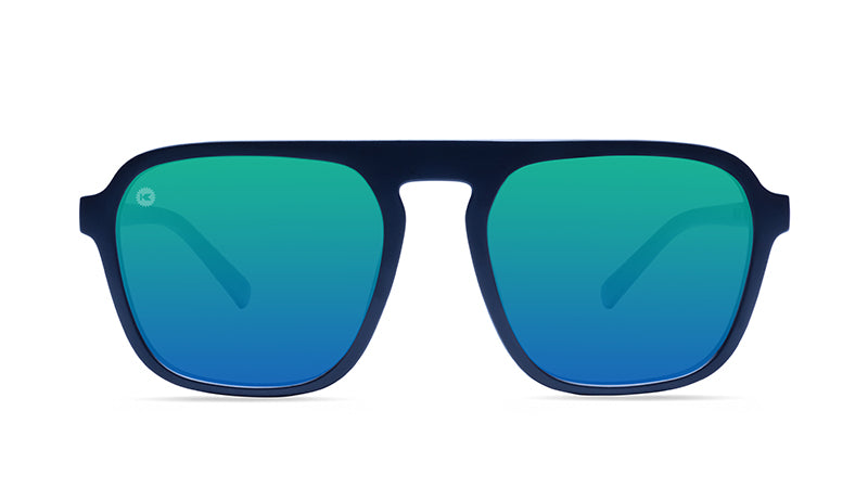 Sunglasses with Blue Frames and Polarized Green Lenses, Front