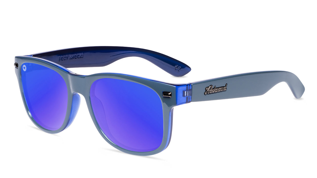 Sunglasses with glossy Blue Frames and Polarized Moonshine Lenses. Flyover