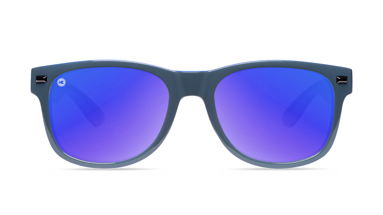 Sunglasses with glossy Blue Frames and Polarized Moonshine Lenses. Front