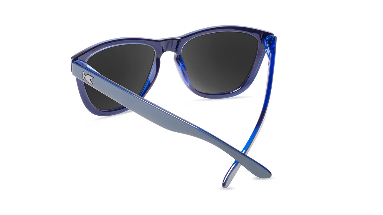 Sunglasses with glossy Blue Frames and Polarized Moonshine Lenses. Back