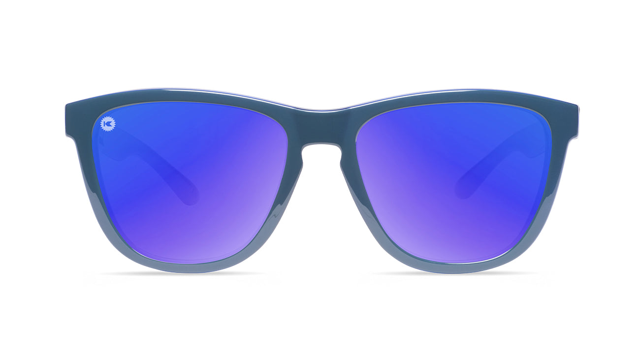 Sunglasses with glossy Blue Frames and Polarized Moonshine Lenses. Front