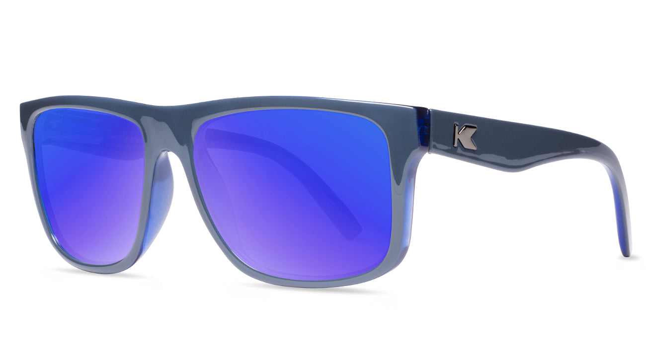 Sunglasses with glossy Blue Frames and Polarized Moonshine Lenses. Threequarter