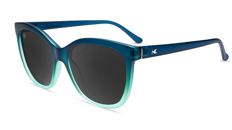 Sunglasses with Deep Blue to Light Blue Frames and Polarized Black Lenses, Flyover