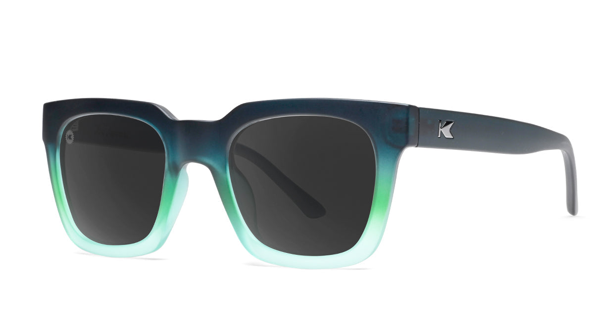 Sunglasses with Deep Blue to Light Blue Frames and Polarized Black Lenses, Threequarter