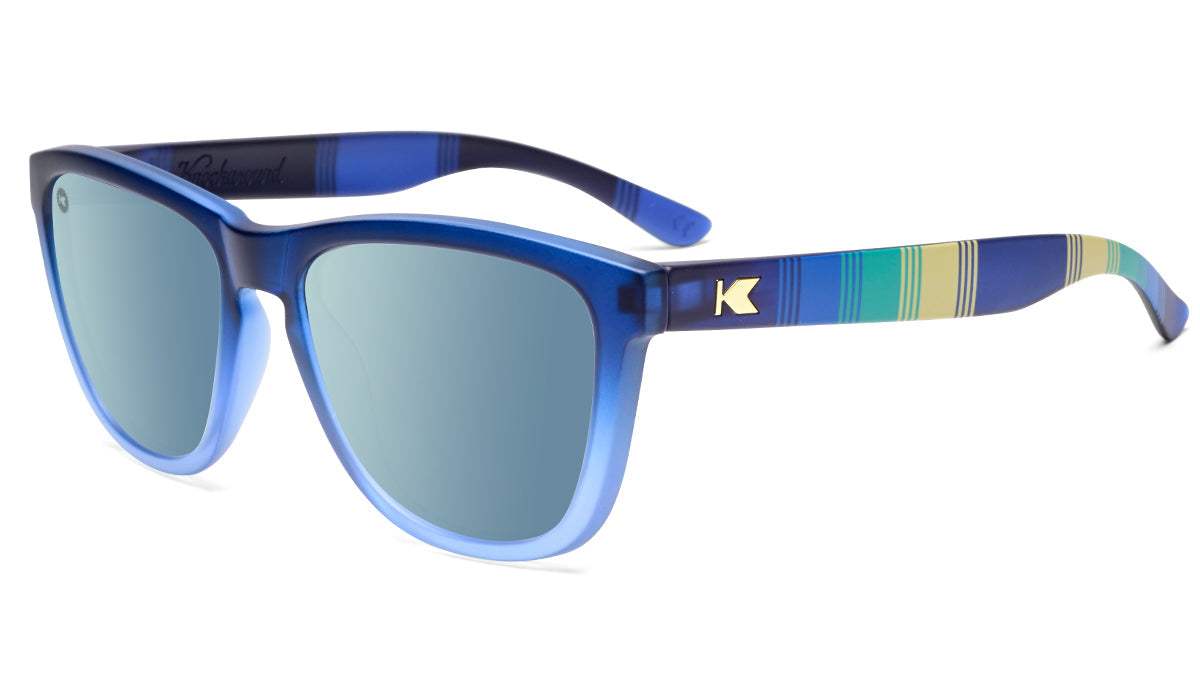 Sunglasses with Blue Frame and accent stripping with Polarized Blue Lenses, Flyover