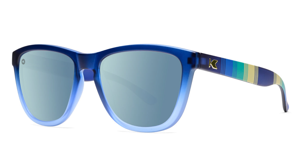 Sunglasses with Blue Frame and accent stripping with Polarized Blue Lenses, Threequarter