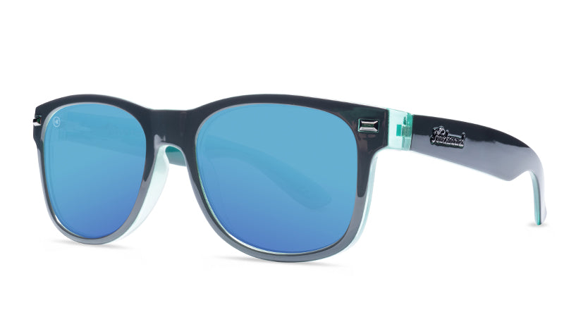 Sunglasses with Grey Frames and Polarized Aqua Lenses, Threequarter