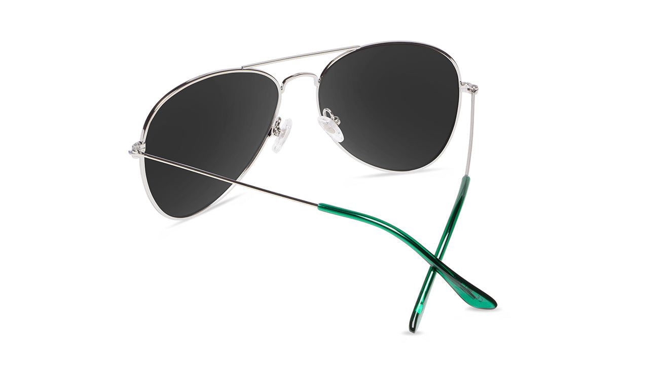 Sunglasses with Blue Metal Frames and Polarized Green Lenses, Back